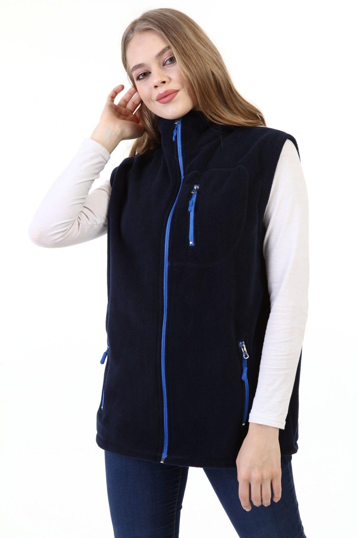 Genius Store Kadın Polar Yelek Tam Fermuarlı Outdoor Spor Yelek 3cepli görsel 3