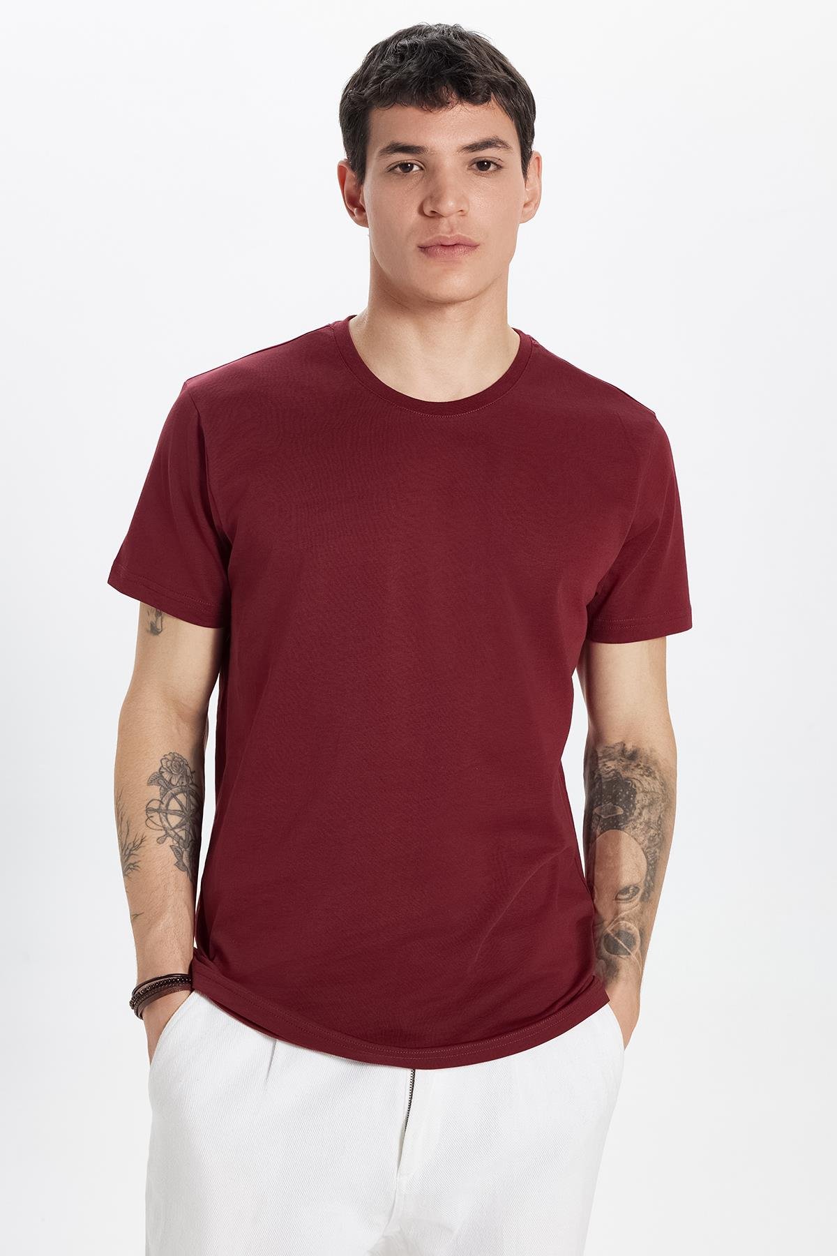 TUDORS Erkek Slim Fit Bordo Bisiklet Yaka %100 Pamuk Dar Kesim Basic Tişört görsel 2