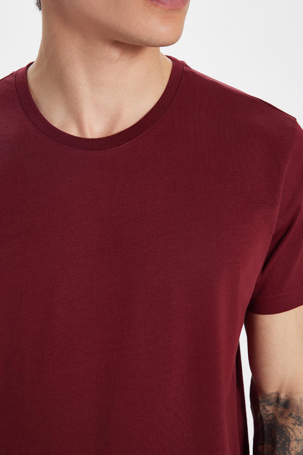 TUDORS Erkek Slim Fit Bordo Bisiklet Yaka %100 Pamuk Dar Kesim Basic Tişört görsel 3