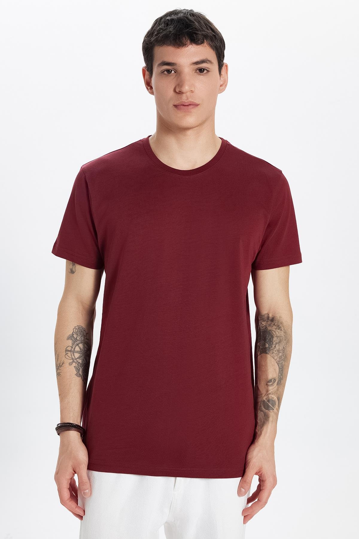 TUDORS Erkek Slim Fit Bordo Bisiklet Yaka %100 Pamuk Dar Kesim Basic Tişört görsel 4