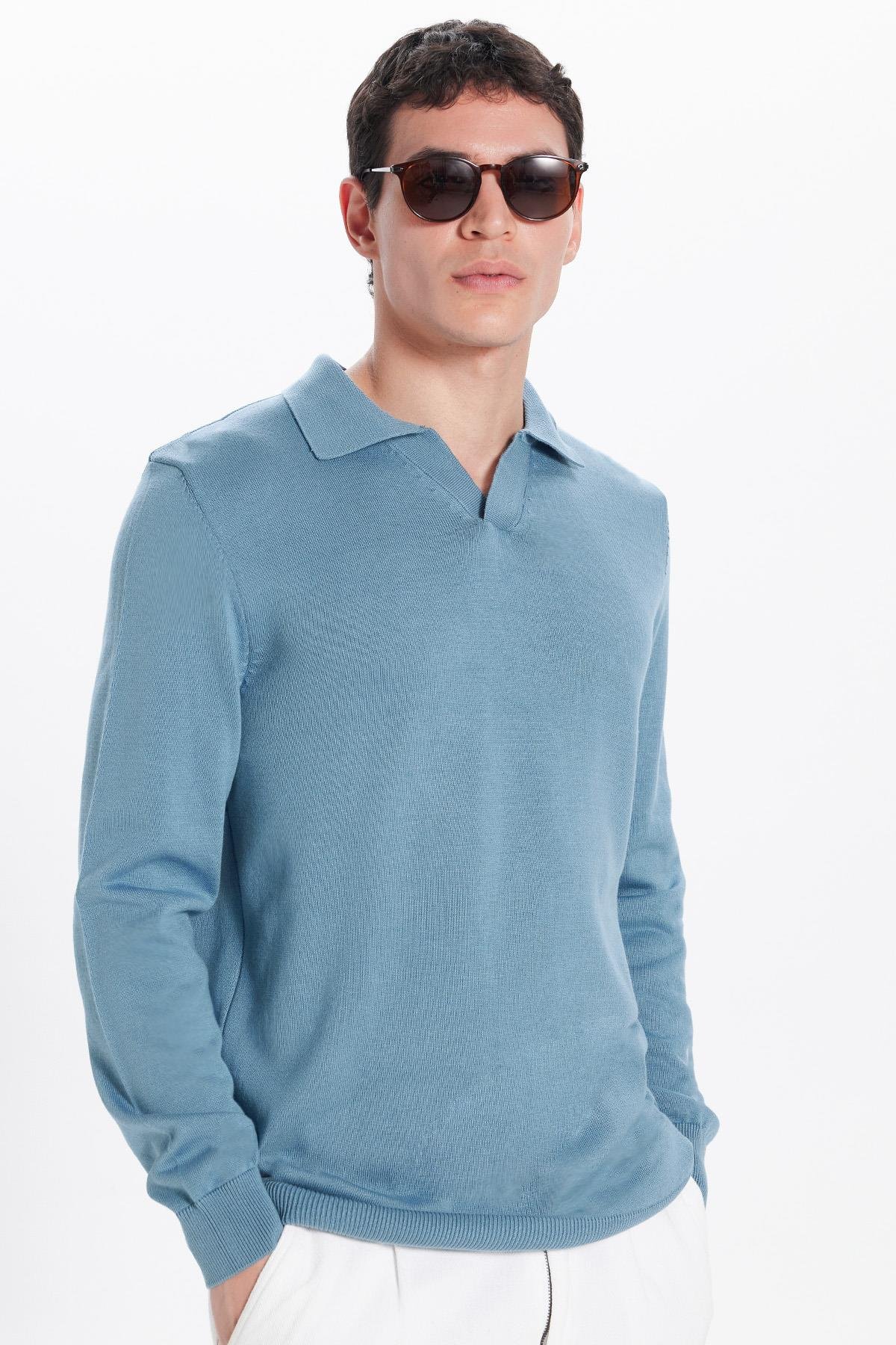 TUDORS Erkek Standart Fit Normal Kesim Polo V Yaka İndigo Triko Kazak