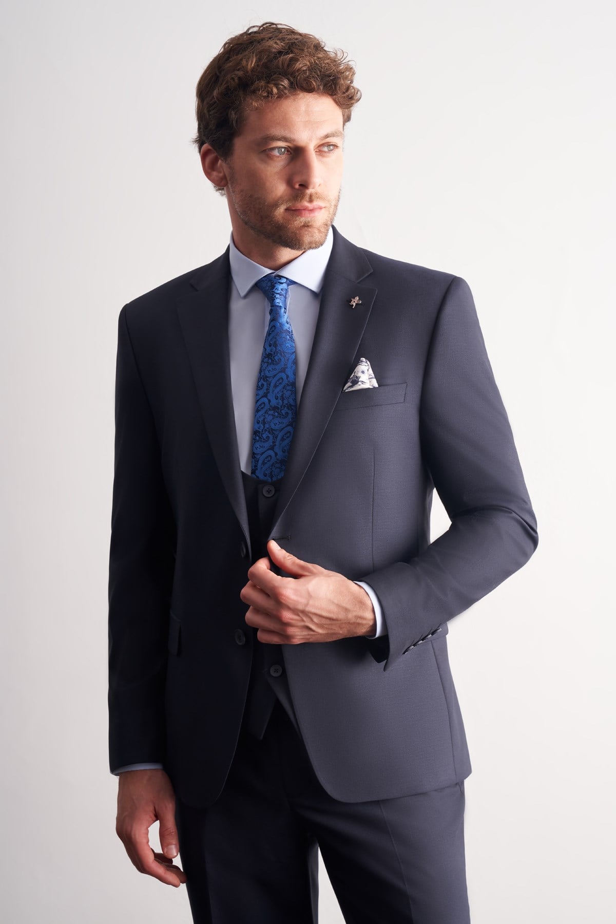İMZA Lacivert Mono Yaka Yelekli 6 Drop Slim Fit Takım Elbise 1001260186 görsel 2