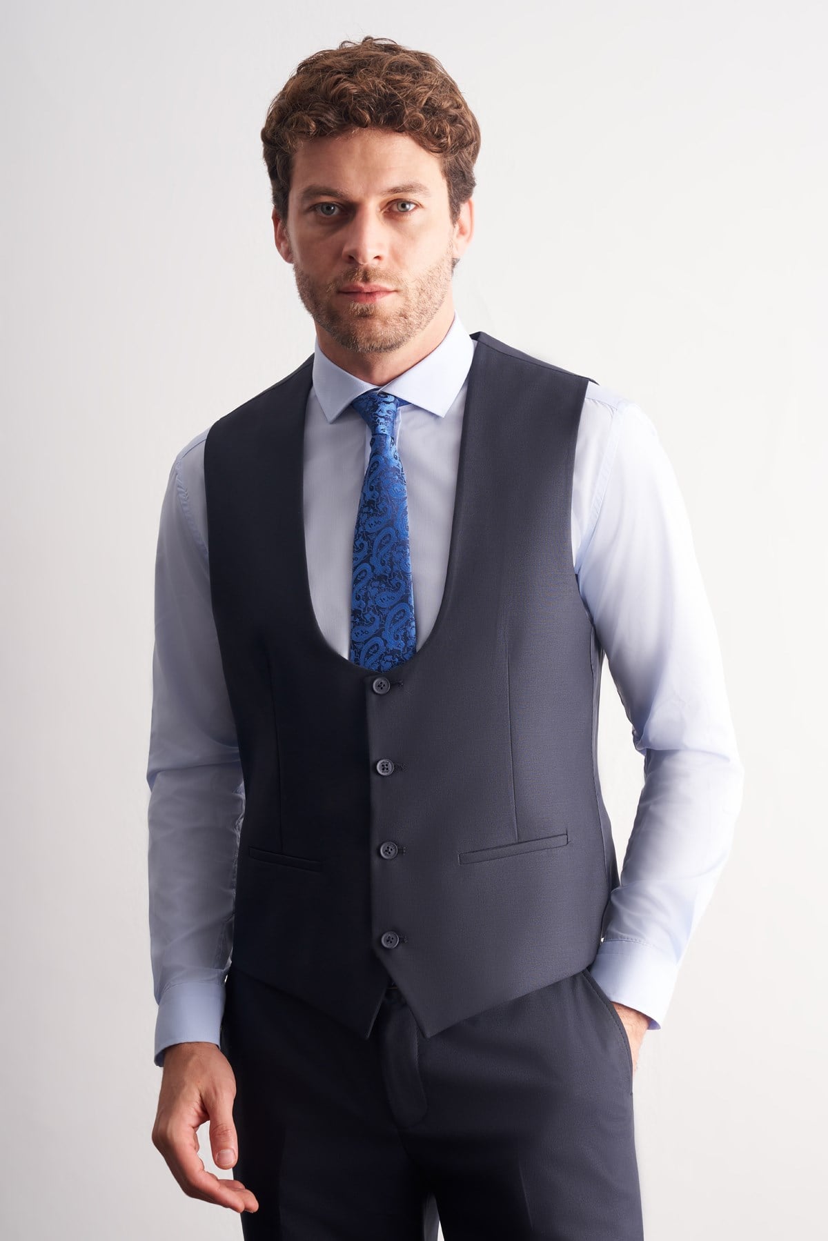 İMZA Lacivert Mono Yaka Yelekli 6 Drop Slim Fit Takım Elbise 1001260186 görsel 3