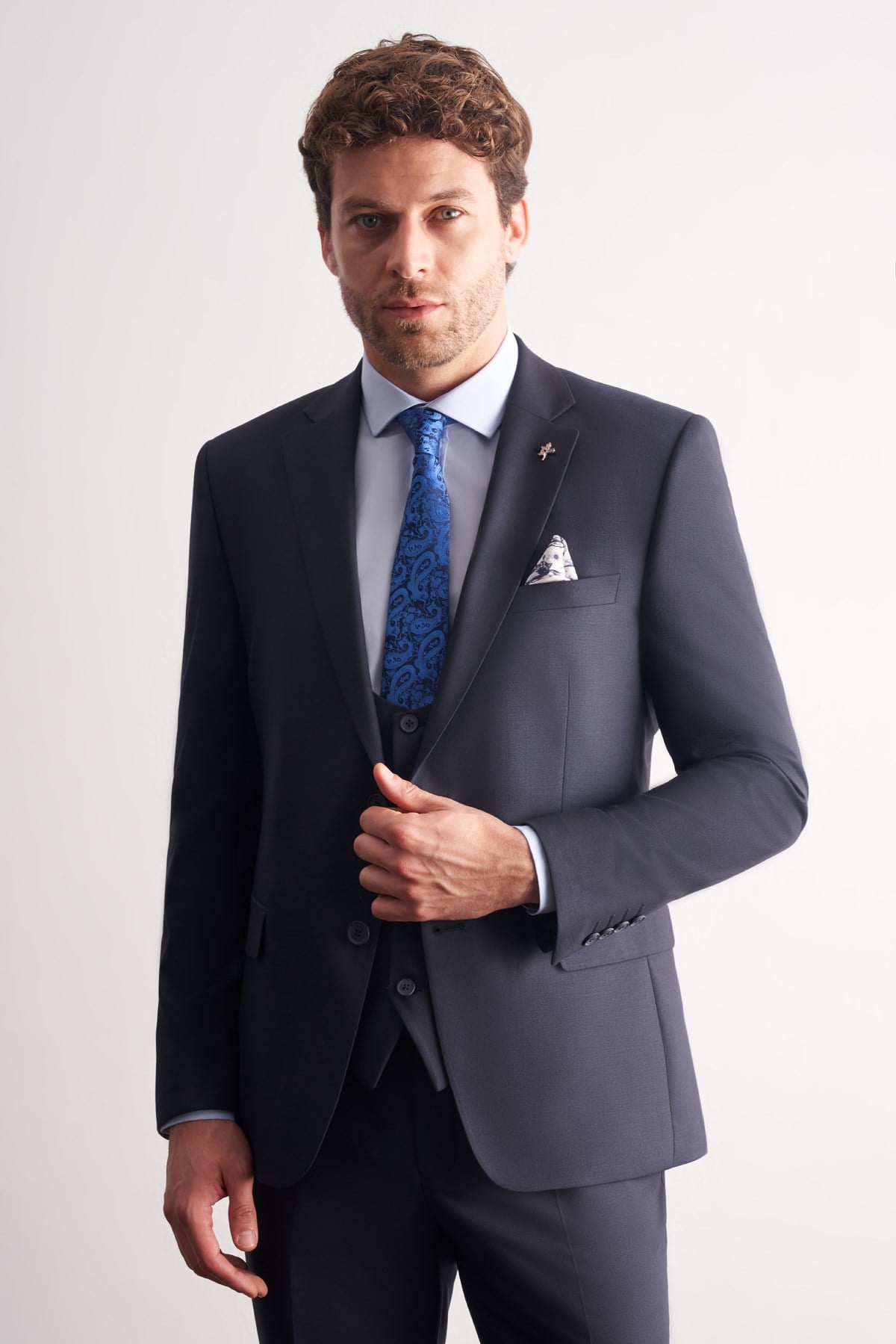 İMZA Lacivert Mono Yaka Yelekli 6 Drop Slim Fit Takım Elbise 1001260186 görsel 4
