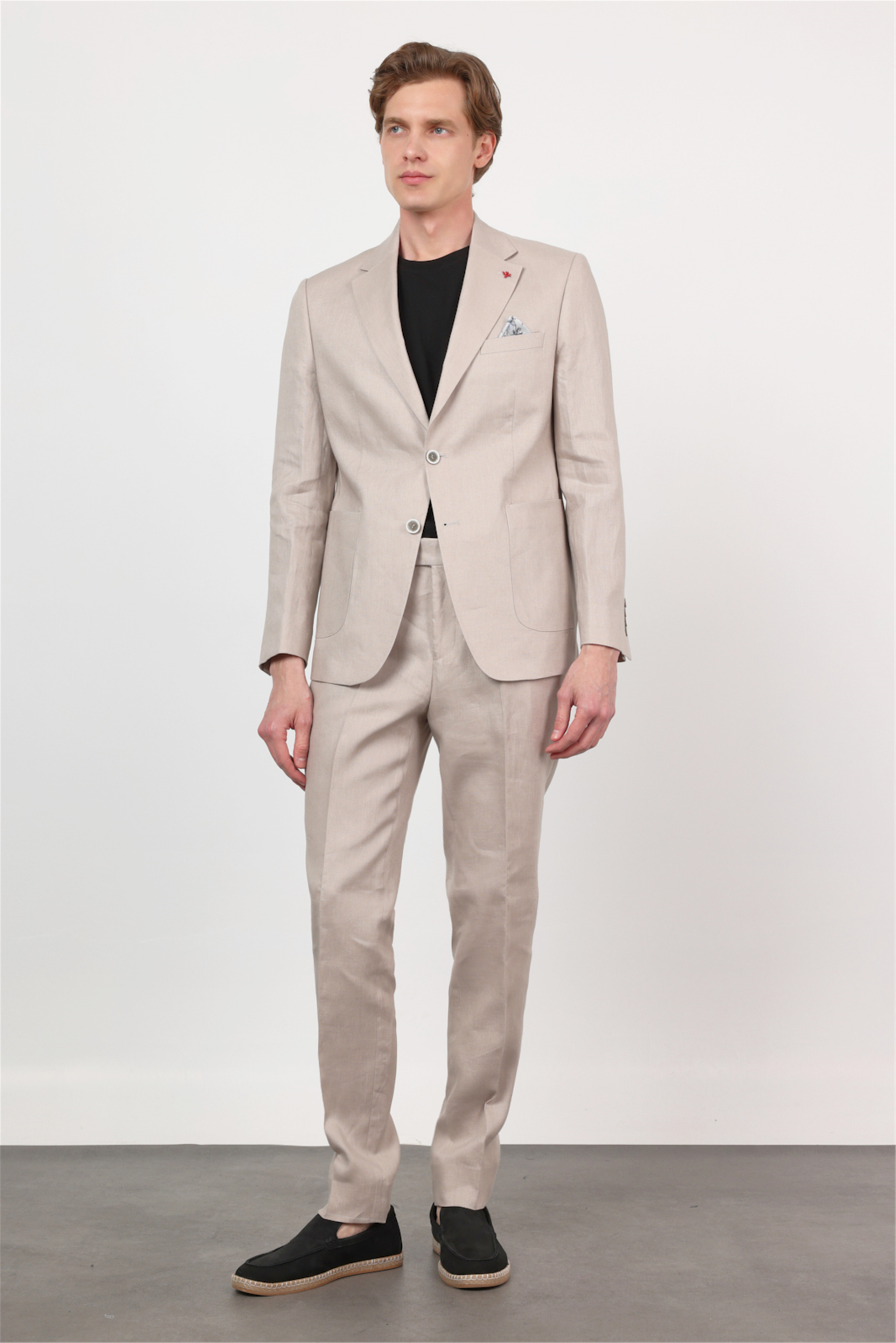 İMZA Bej Düz Desen Keten Mono Yaka 6 Drop Slim Fit %100 Keten Takım Elbise 1001260164