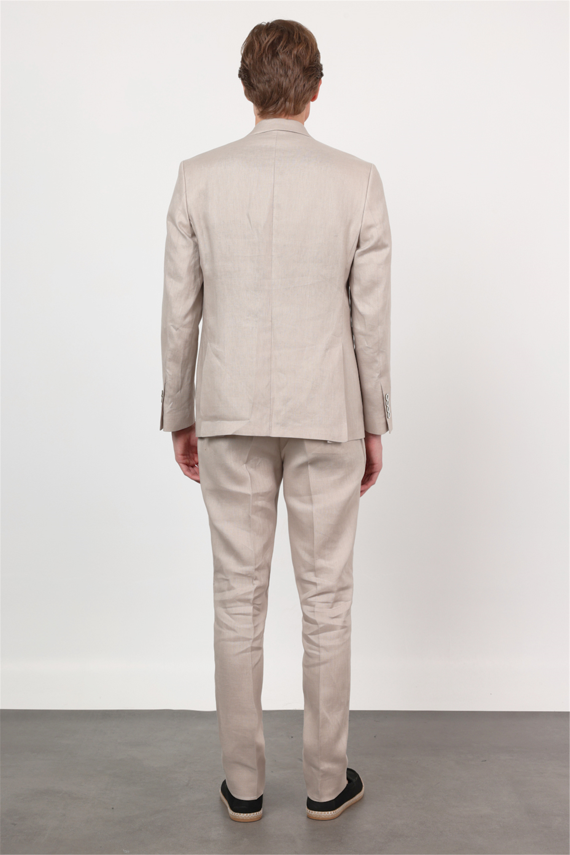 İMZA Bej Düz Desen Keten Mono Yaka 6 Drop Slim Fit %100 Keten Takım Elbise 1001260164 görsel 3