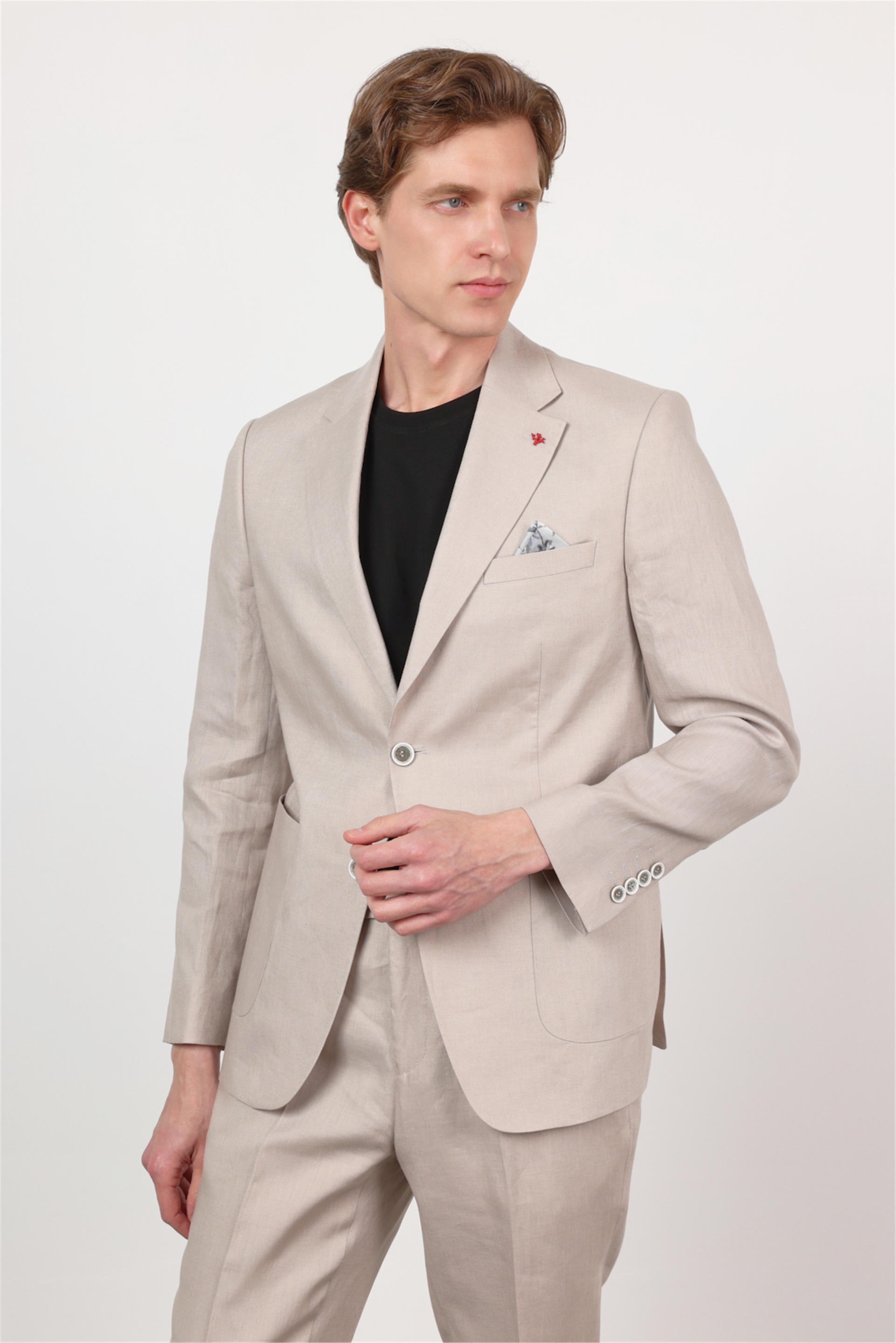 İMZA Bej Düz Desen Keten Mono Yaka 6 Drop Slim Fit %100 Keten Takım Elbise 1001260164 görsel 5