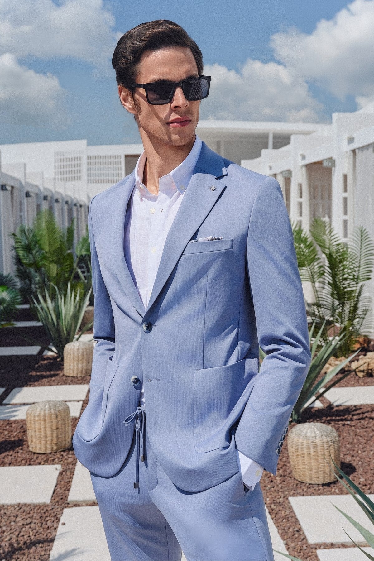 İMZA Mavi Kendinden Desenli Mono Yaka 6 Drop Slim Fit Takım Elbise 1001260165