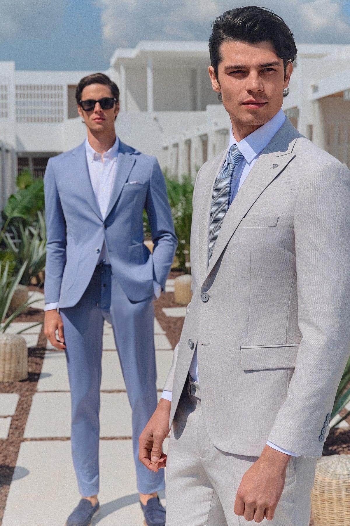 İMZA Mavi Kendinden Desenli Mono Yaka 6 Drop Slim Fit Takım Elbise 1001260165 görsel 2