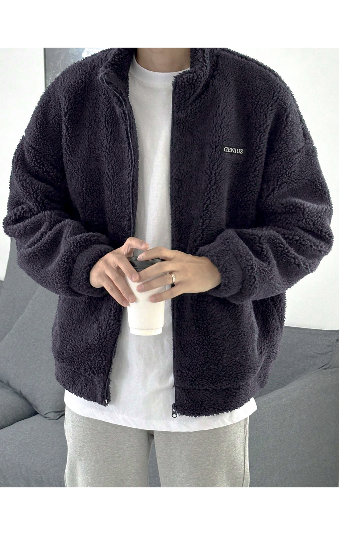 Genius Store Oversize Pelüş Tam Pelüş İçi Polarlı Sherpa Kumaş Erkek Fermuarlı Sweatshirt Hırka görsel 3