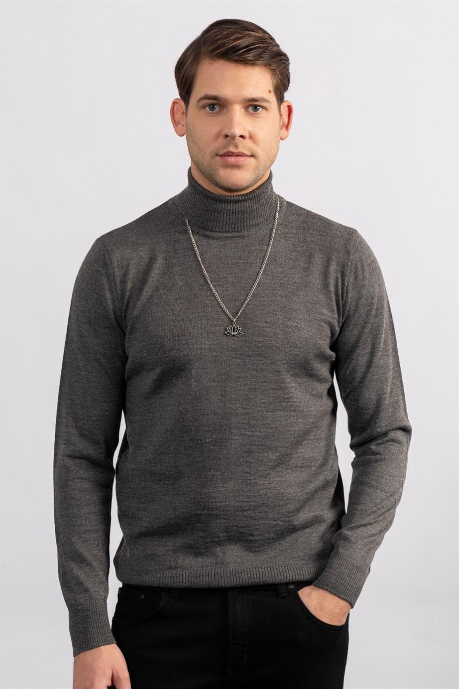 TUDORS Slim Fit Tam Boğazlı Yaka Düz Yün Erkek Kazak