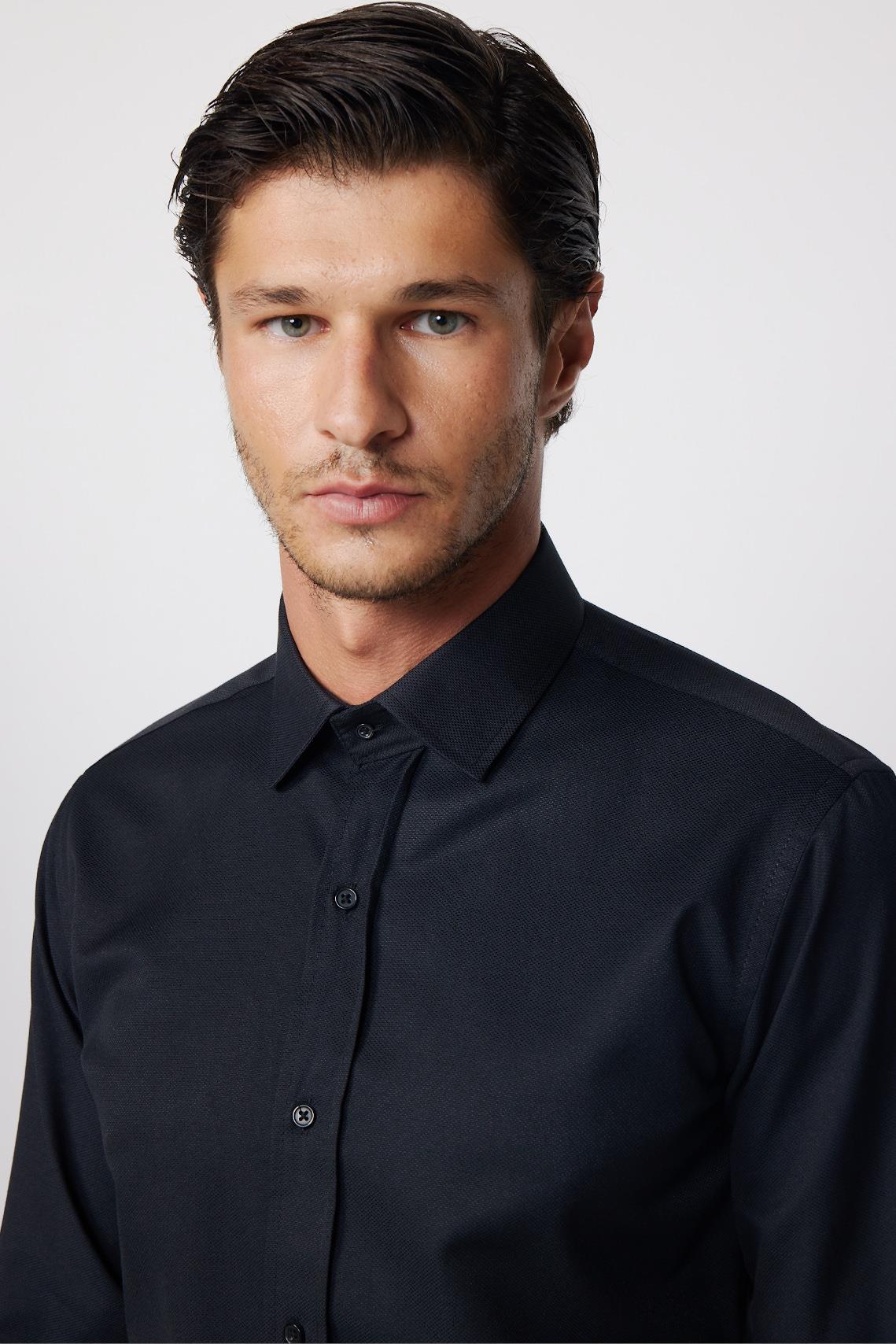 TUDORS Modern Slim Fit Pamuklu Kolay Ütü Armürlü Siyah Erkek Gömlek