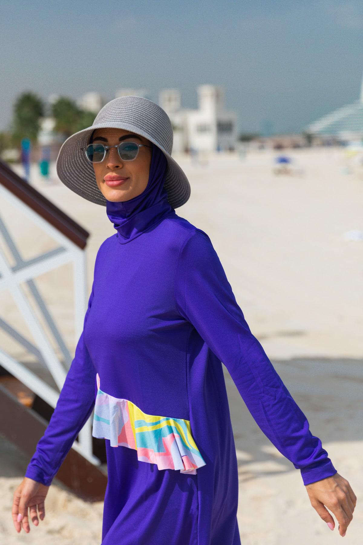 Marina Çiçekli Mor Tam Kapalı Tesettür Mayo M2321