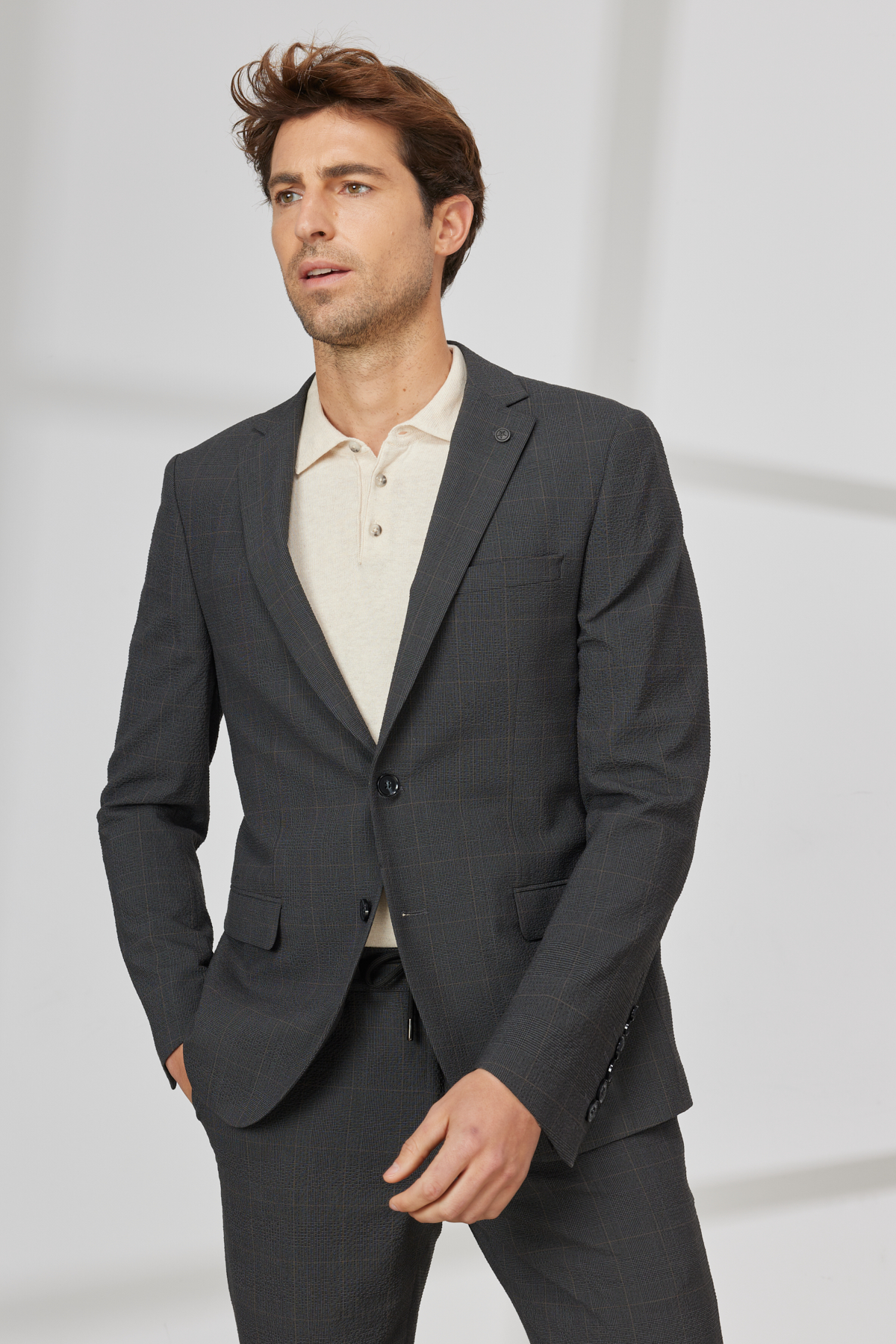 Altınyıldız Classics Erkek Antrasit-Kahverengi Slim Fit Dar Kesim Mono Yaka Gofre Desenli Takım Elbise