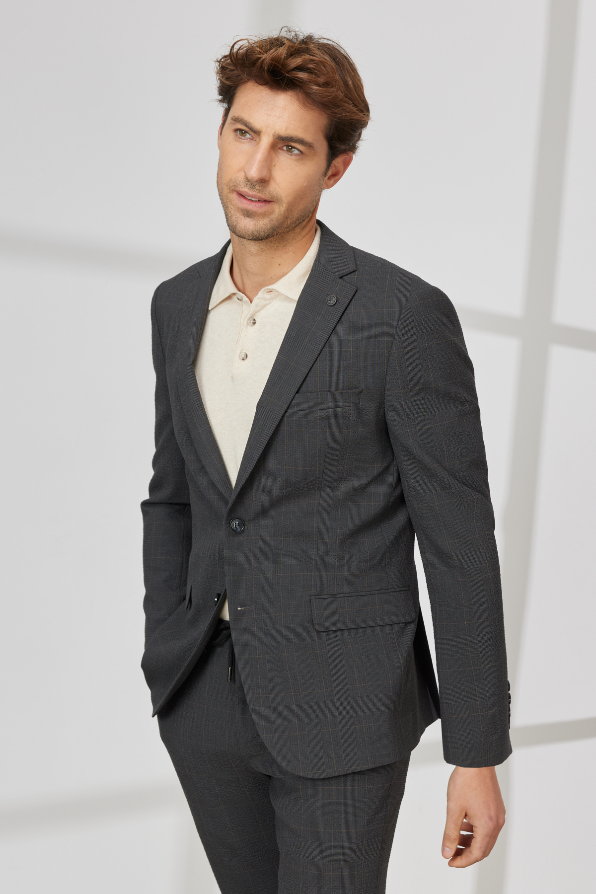 Altınyıldız Classics Erkek Antrasit-Kahverengi Slim Fit Dar Kesim Mono Yaka Gofre Desenli Takım Elbise görsel 4