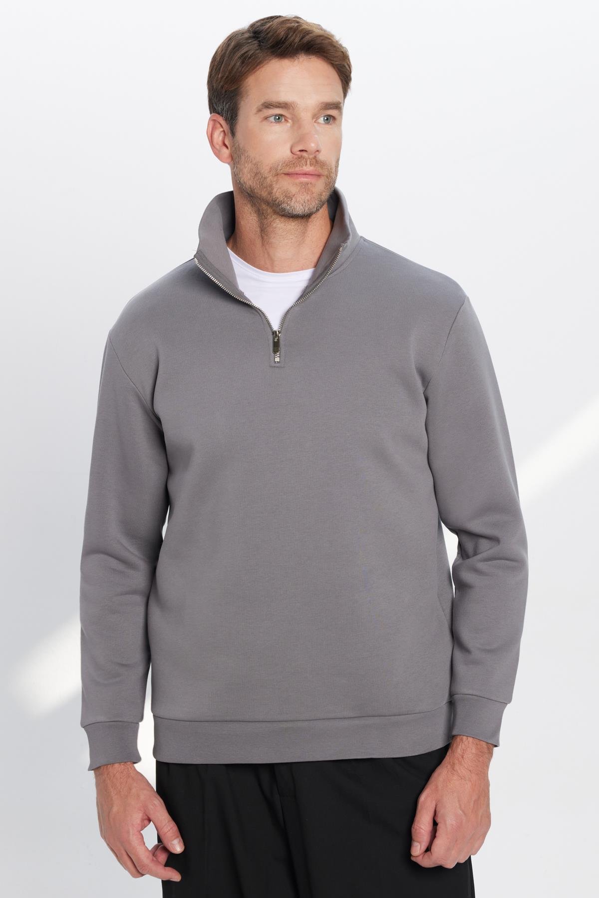 TUDORS Unisex Relax Fit Rahat Kesim Pamuklu İçi Polarlı Yarım Fermuarlı Gri Dik Yaka Sweatshirt