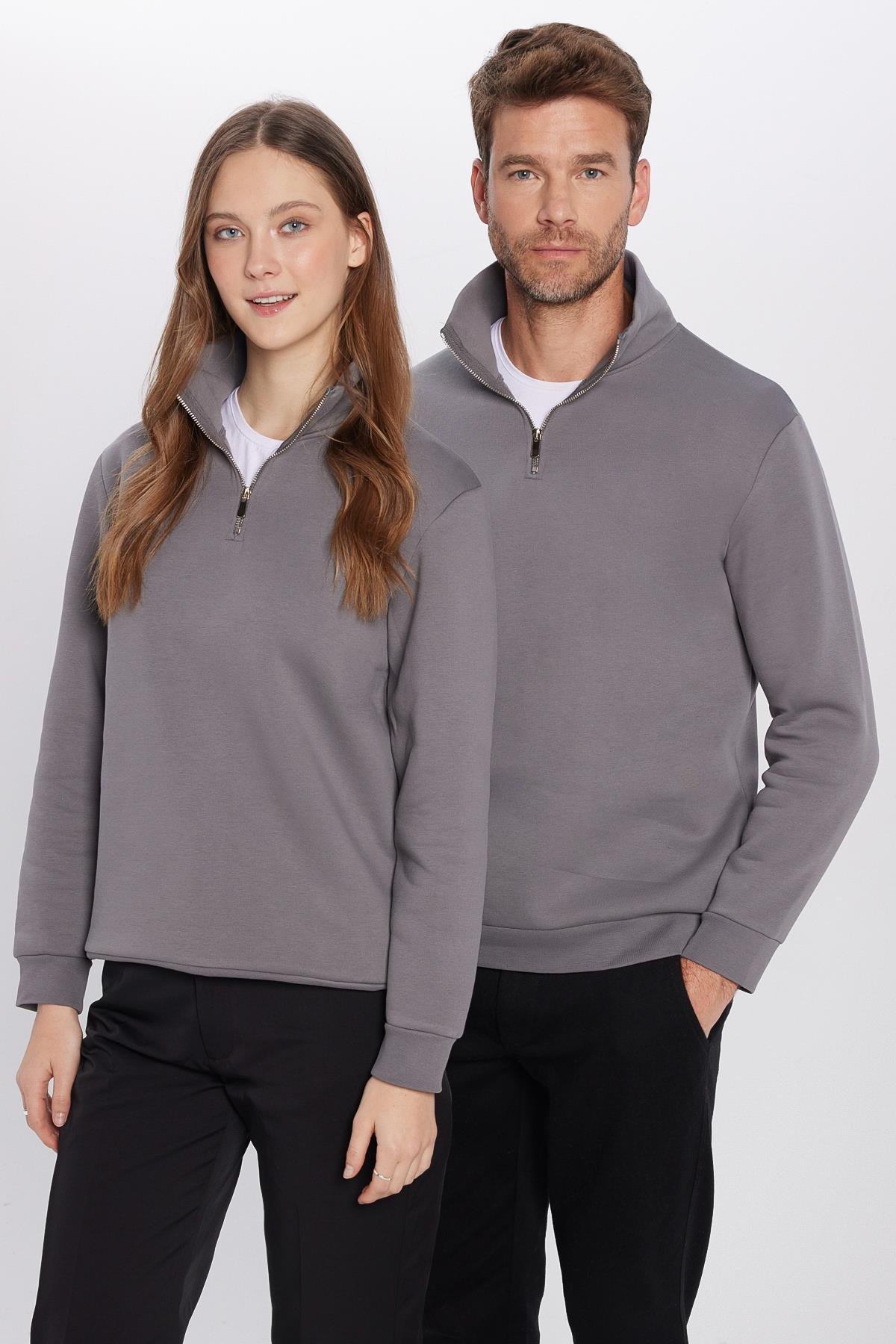 TUDORS Unisex Relax Fit Rahat Kesim Pamuklu İçi Polarlı Yarım Fermuarlı Gri Dik Yaka Sweatshirt görsel 3