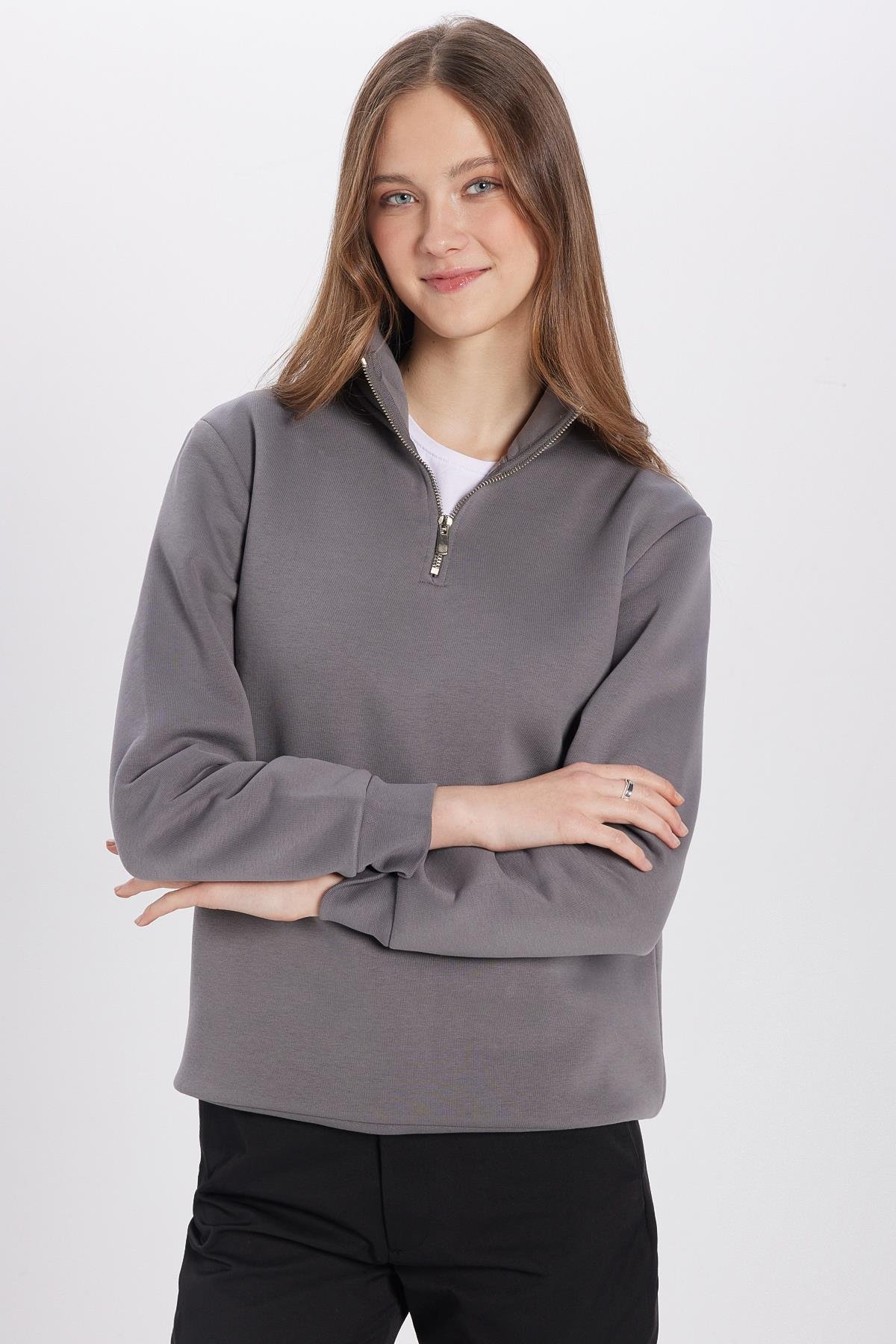 TUDORS Unisex Relax Fit Rahat Kesim Pamuklu İçi Polarlı Yarım Fermuarlı Gri Dik Yaka Sweatshirt görsel 4