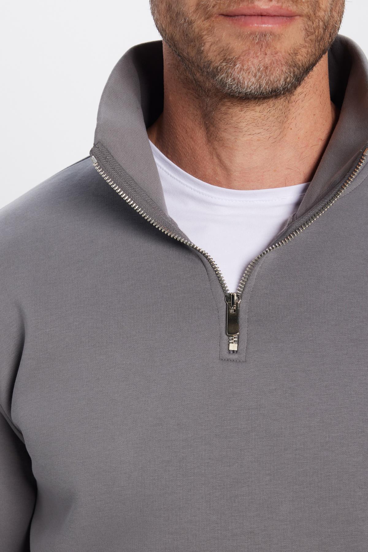 TUDORS Unisex Relax Fit Rahat Kesim Pamuklu İçi Polarlı Yarım Fermuarlı Gri Dik Yaka Sweatshirt görsel 5