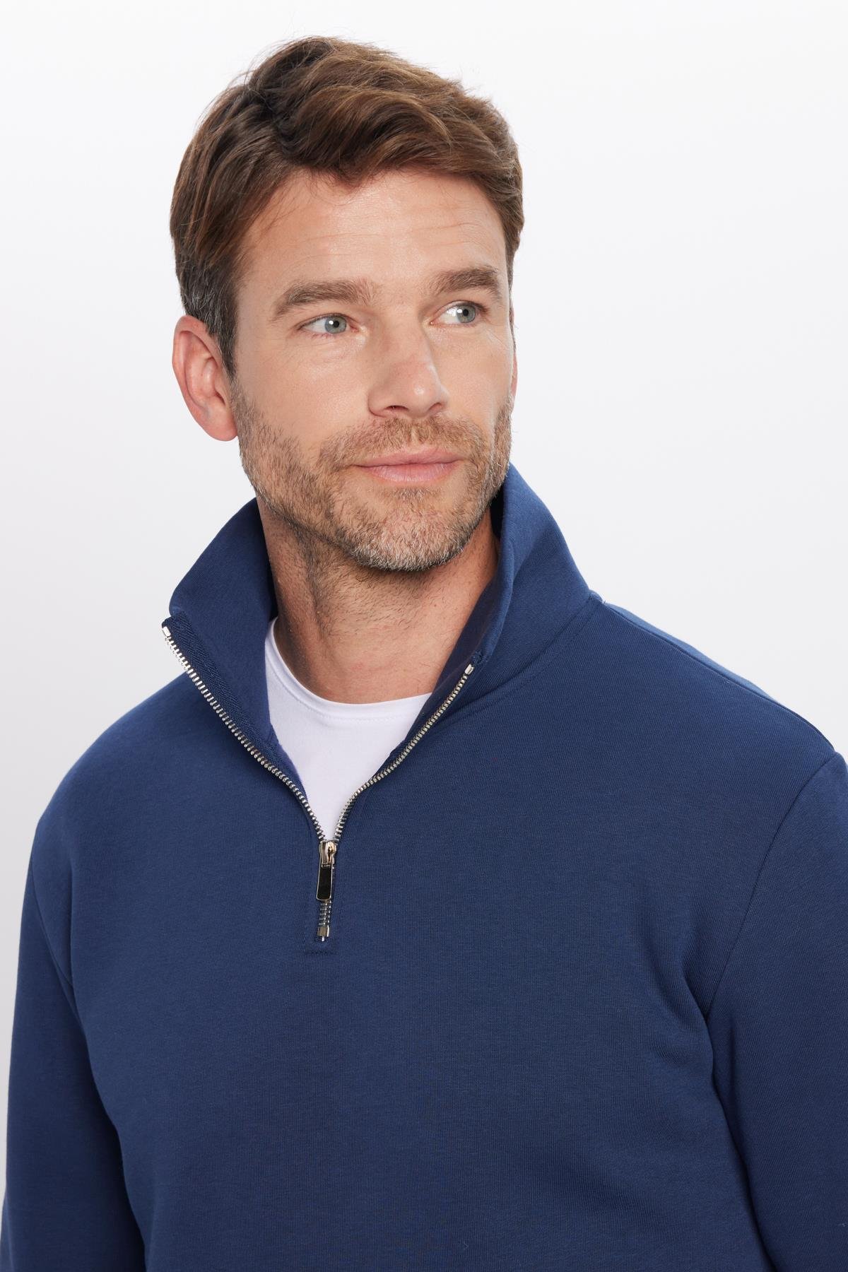 TUDORS Unisex Relax Fit Rahat Kesim Pamuklu İçi Polarlı Yarım Fermuarlı Lacivert Dik Yaka Sweatshirt görsel 2