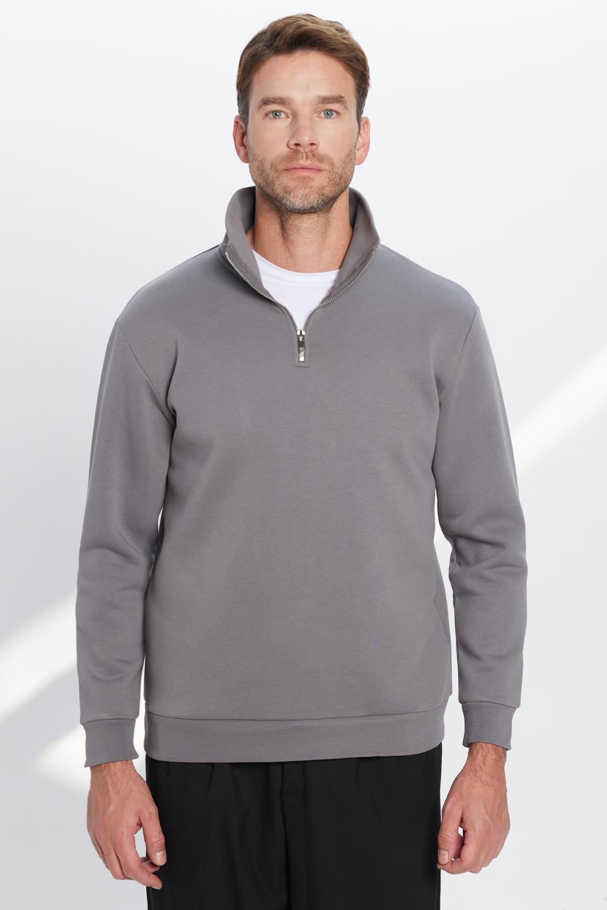 TUDORS Unisex Relax Fit Rahat Kesim Pamuklu İçi Polarlı Yarım Fermuarlı Gri Dik Yaka Sweatshirt görsel 6