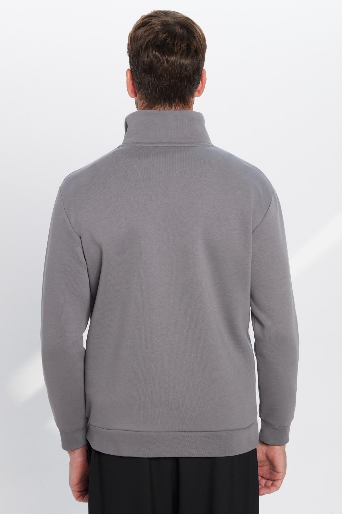 TUDORS Unisex Relax Fit Rahat Kesim Pamuklu İçi Polarlı Yarım Fermuarlı Gri Dik Yaka Sweatshirt görsel 7