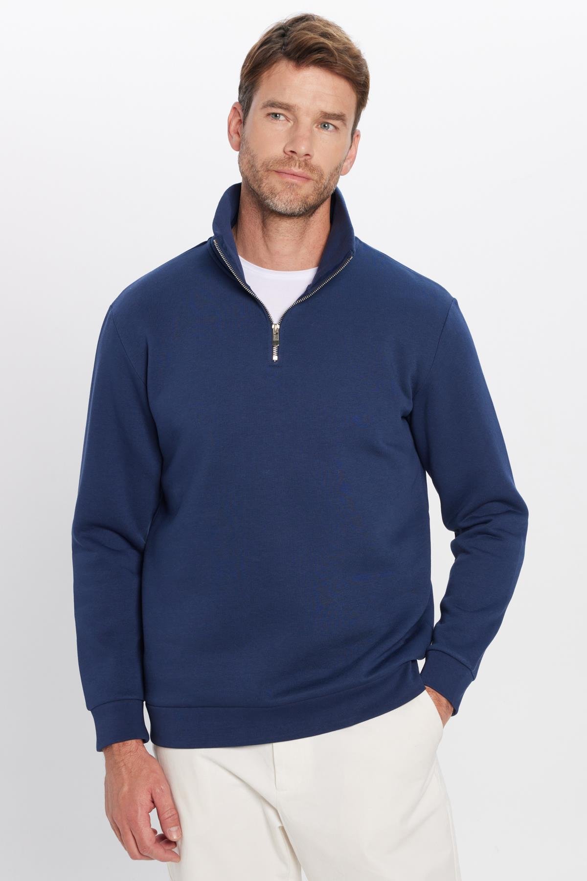 TUDORS Unisex Relax Fit Rahat Kesim Pamuklu İçi Polarlı Yarım Fermuarlı Lacivert Dik Yaka Sweatshirt