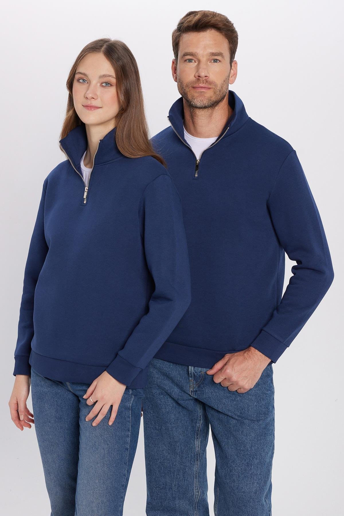 TUDORS Unisex Relax Fit Rahat Kesim Pamuklu İçi Polarlı Yarım Fermuarlı Lacivert Dik Yaka Sweatshirt görsel 3
