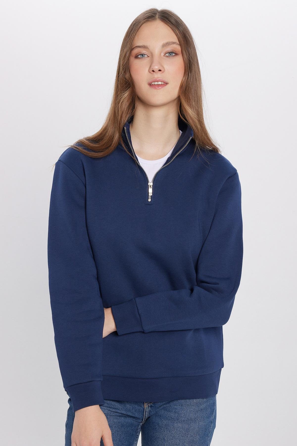 TUDORS Unisex Relax Fit Rahat Kesim Pamuklu İçi Polarlı Yarım Fermuarlı Lacivert Dik Yaka Sweatshirt görsel 4