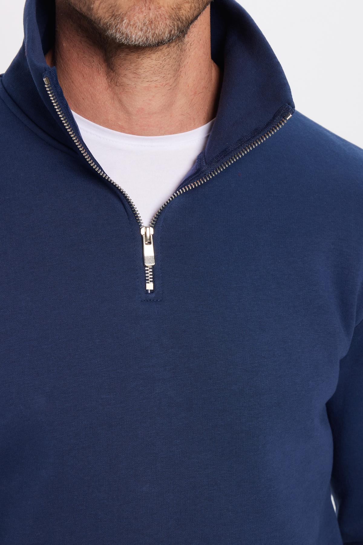 TUDORS Unisex Relax Fit Rahat Kesim Pamuklu İçi Polarlı Yarım Fermuarlı Lacivert Dik Yaka Sweatshirt görsel 5