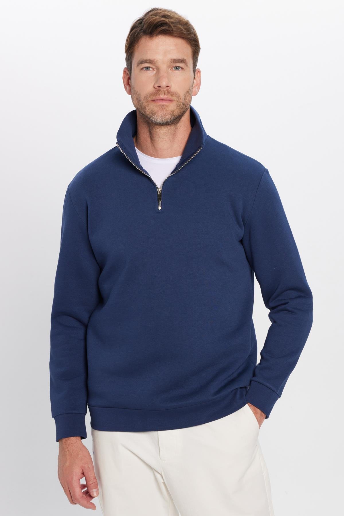 TUDORS Unisex Relax Fit Rahat Kesim Pamuklu İçi Polarlı Yarım Fermuarlı Lacivert Dik Yaka Sweatshirt görsel 6