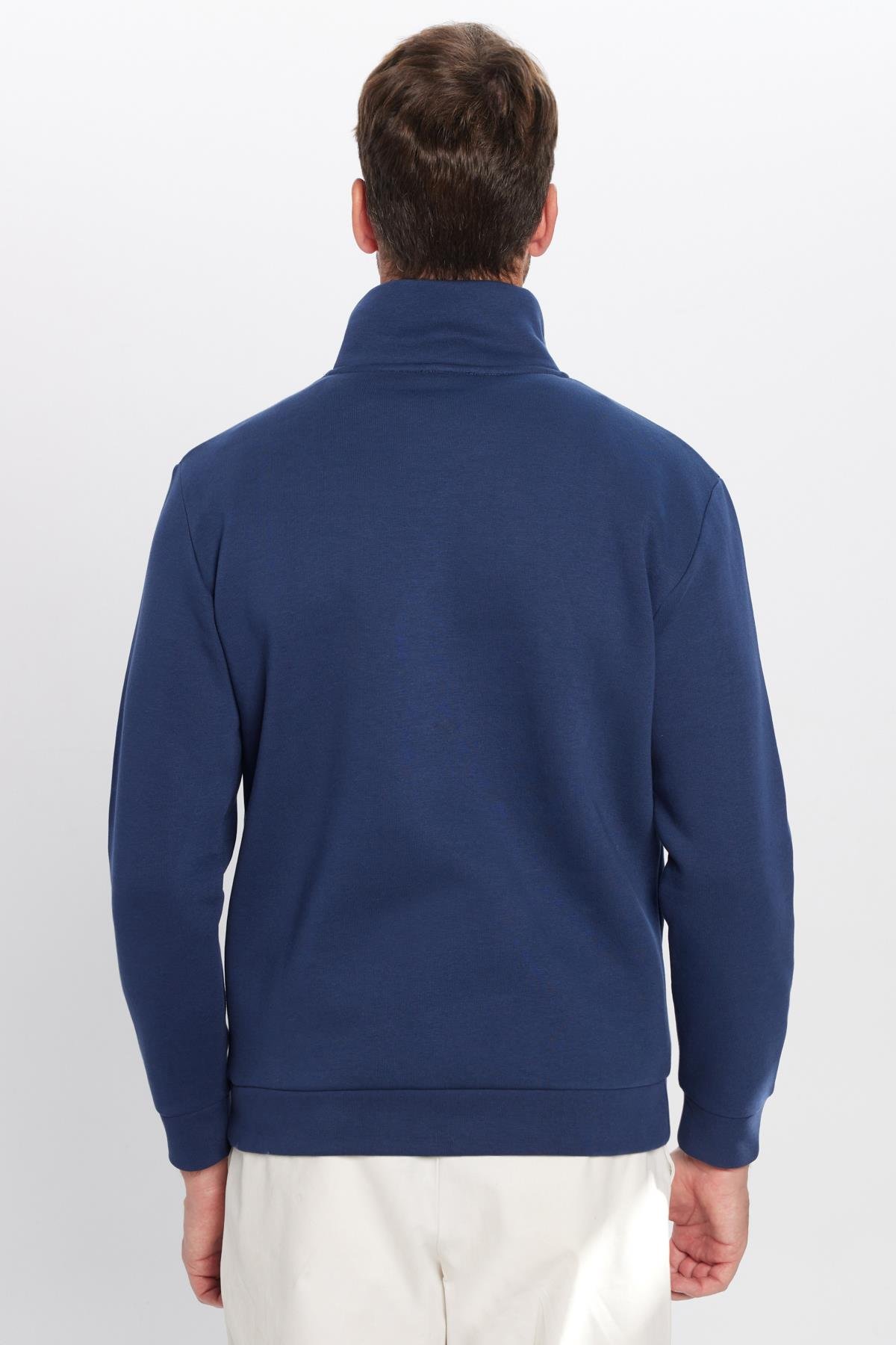TUDORS Unisex Relax Fit Rahat Kesim Pamuklu İçi Polarlı Yarım Fermuarlı Lacivert Dik Yaka Sweatshirt görsel 7