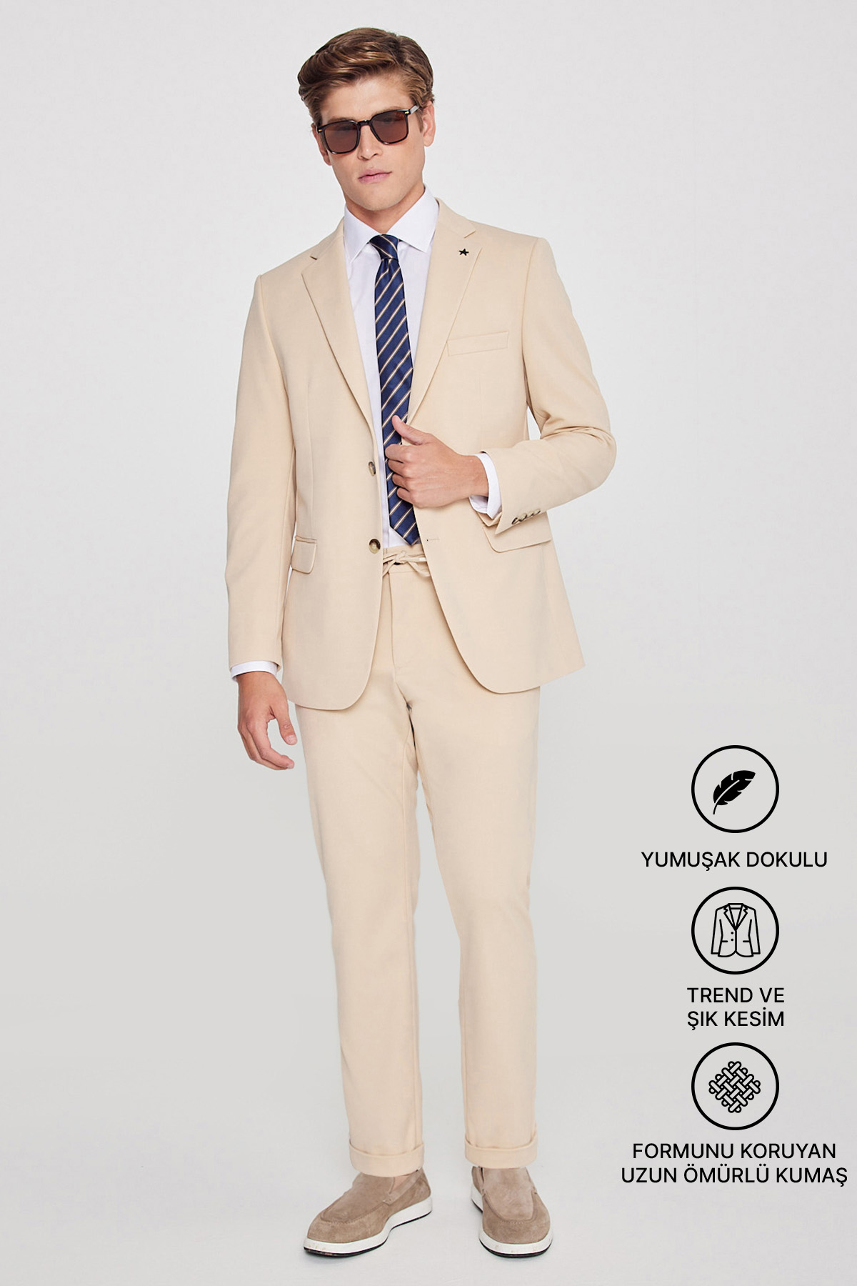 AC&Co / Altınyıldız Classics Erkek Bej Slim Fit Dar Kesim Mono Yaka Beli Bağlamalı Kapak Cepli Esnek Takım Elbise