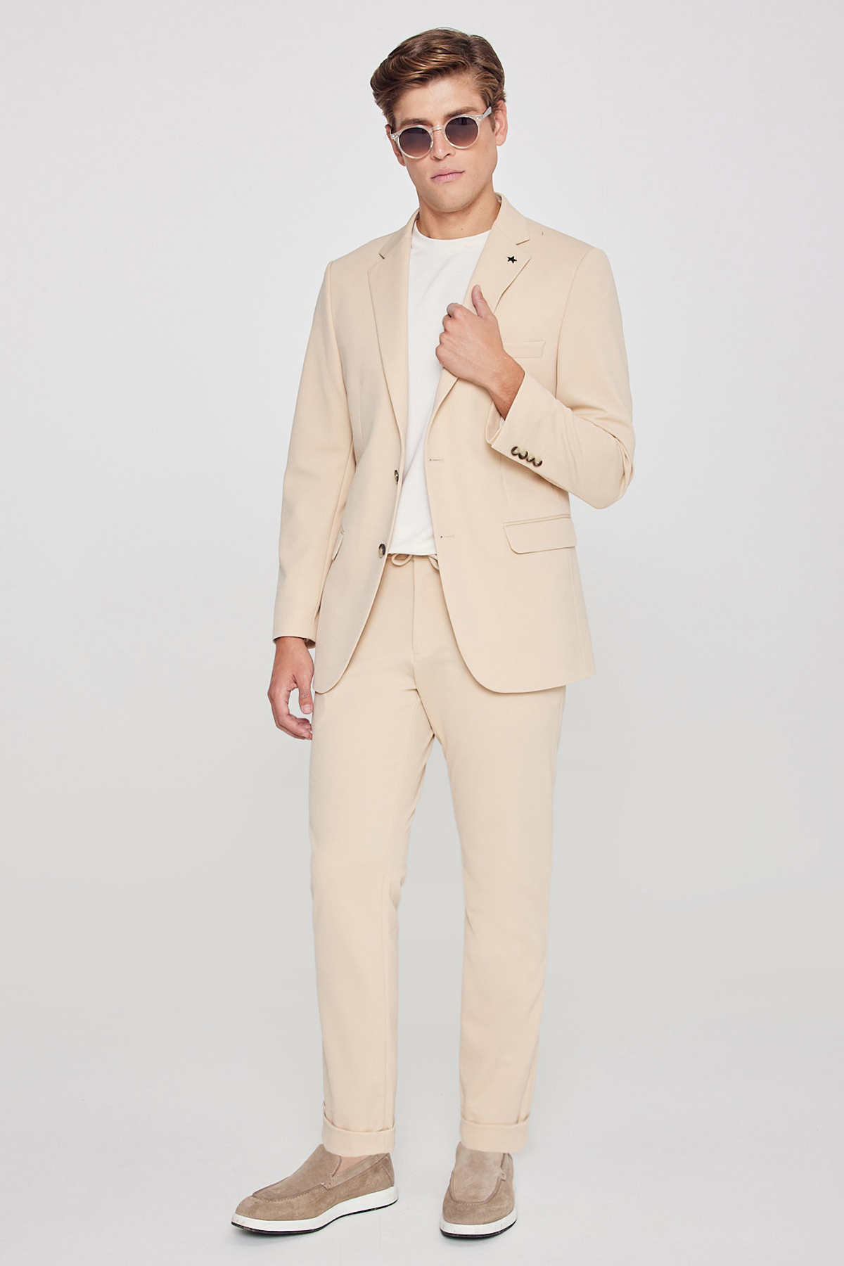 AC&Co / Altınyıldız Classics Erkek Bej Slim Fit Dar Kesim Mono Yaka Beli Bağlamalı Kapak Cepli Esnek Takım Elbise görsel 3