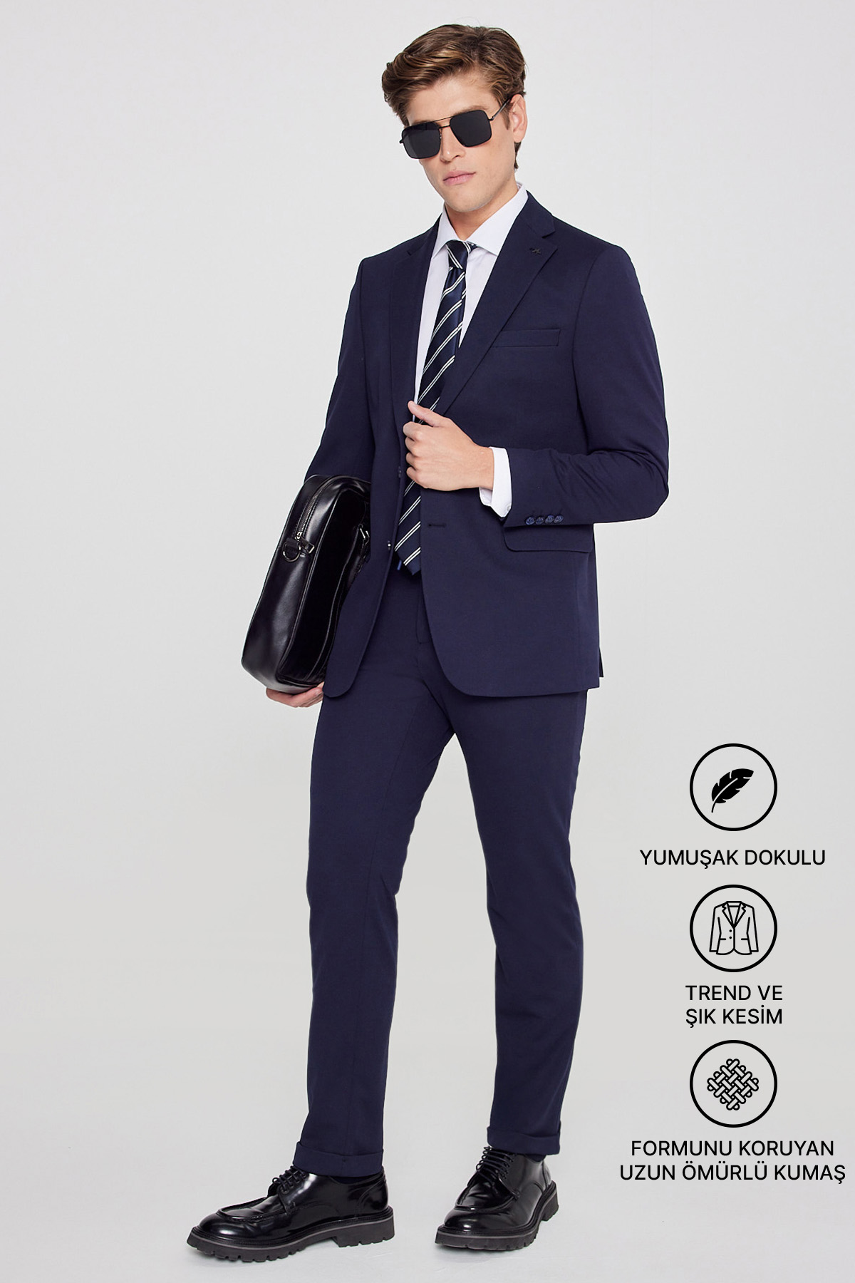 AC&Co / Altınyıldız Classics Erkek Lacivert Slim Fit Dar Kesim Mono Yaka Beli Bağlamalı Kapak Cepli Esnek Takım Elbise
