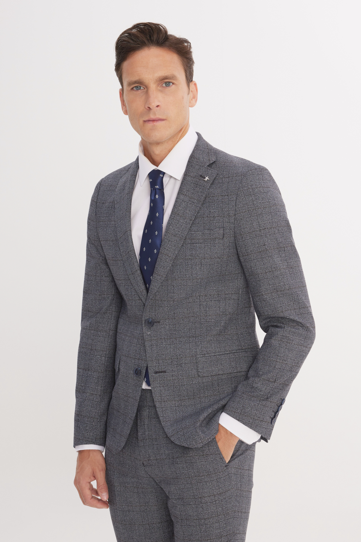 Altınyıldız Classics Erkek Gri-Mavi Ekstra Slim Fit Dar Kesim Mono Yaka Kareli Kapak Cepli Takım Elbise