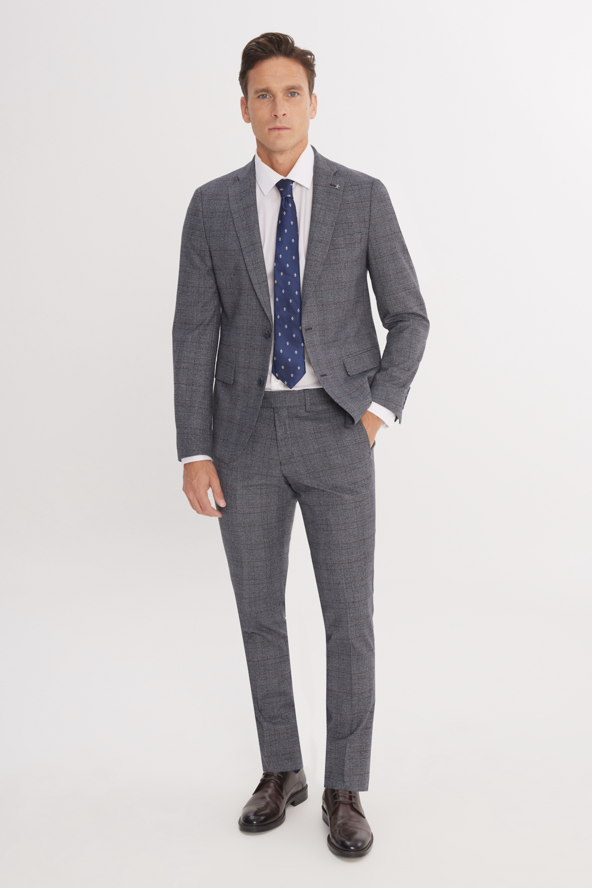 Altınyıldız Classics Erkek Gri-Mavi Ekstra Slim Fit Dar Kesim Mono Yaka Kareli Kapak Cepli Takım Elbise görsel 2