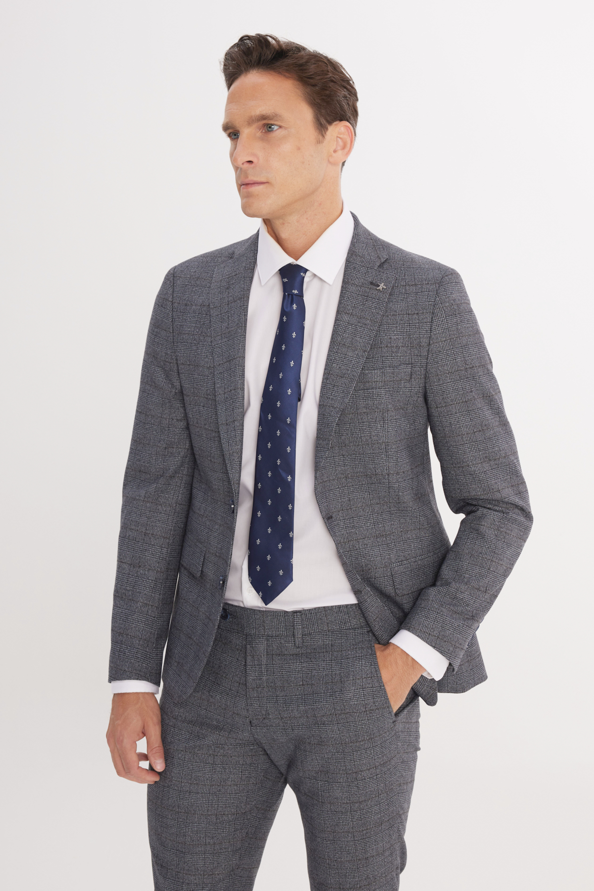 Altınyıldız Classics Erkek Gri-Mavi Ekstra Slim Fit Dar Kesim Mono Yaka Kareli Kapak Cepli Takım Elbise görsel 4