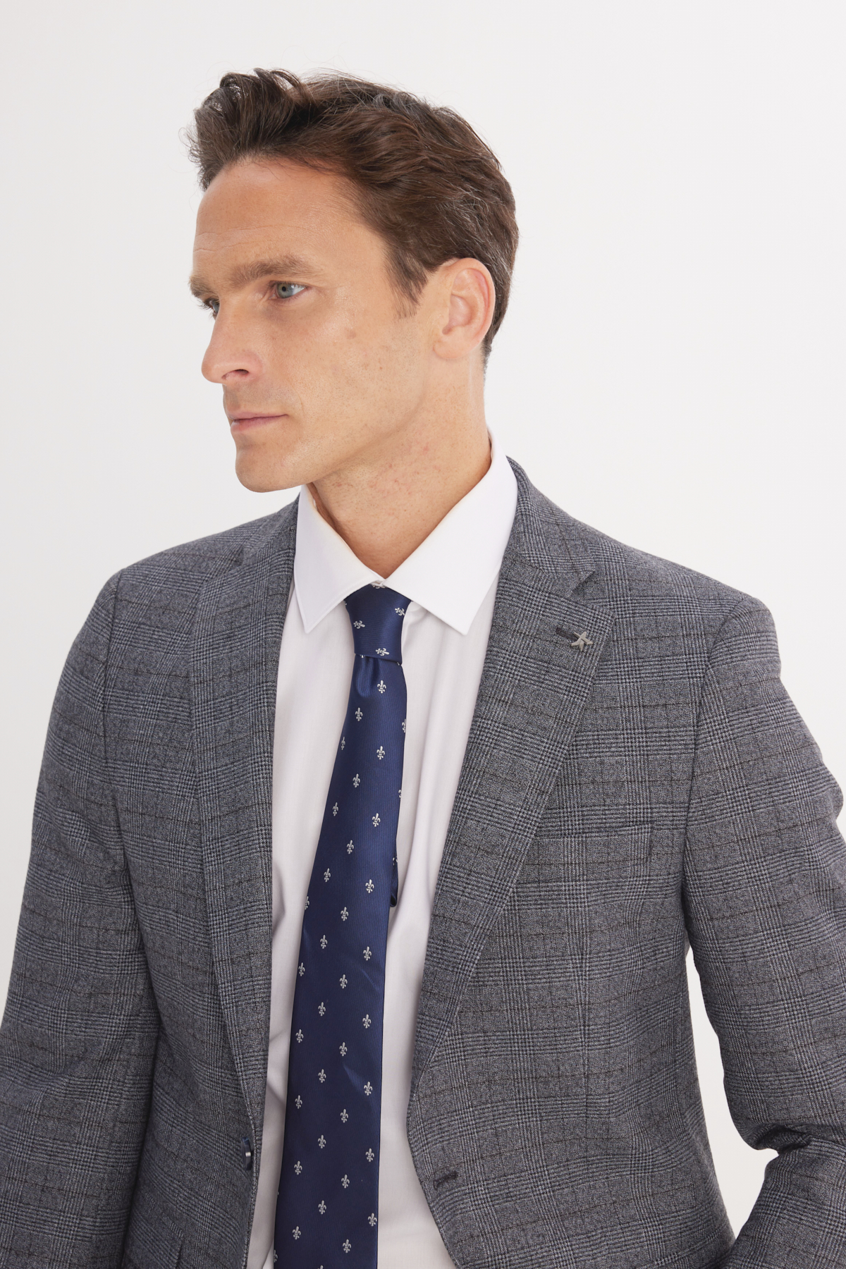 Altınyıldız Classics Erkek Gri-Mavi Ekstra Slim Fit Dar Kesim Mono Yaka Kareli Kapak Cepli Takım Elbise görsel 5