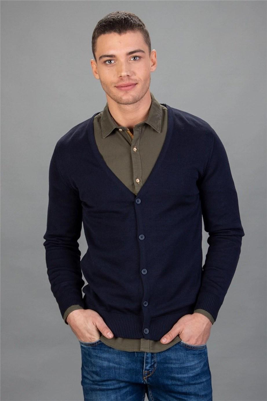 TUDORS Slim Fit Düğmeli Düz Pamuk Erkek Mavi Hırka