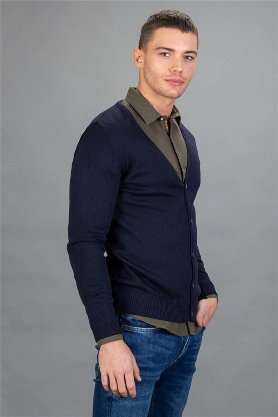 TUDORS Slim Fit Düğmeli Düz Pamuk Erkek Mavi Hırka görsel 2
