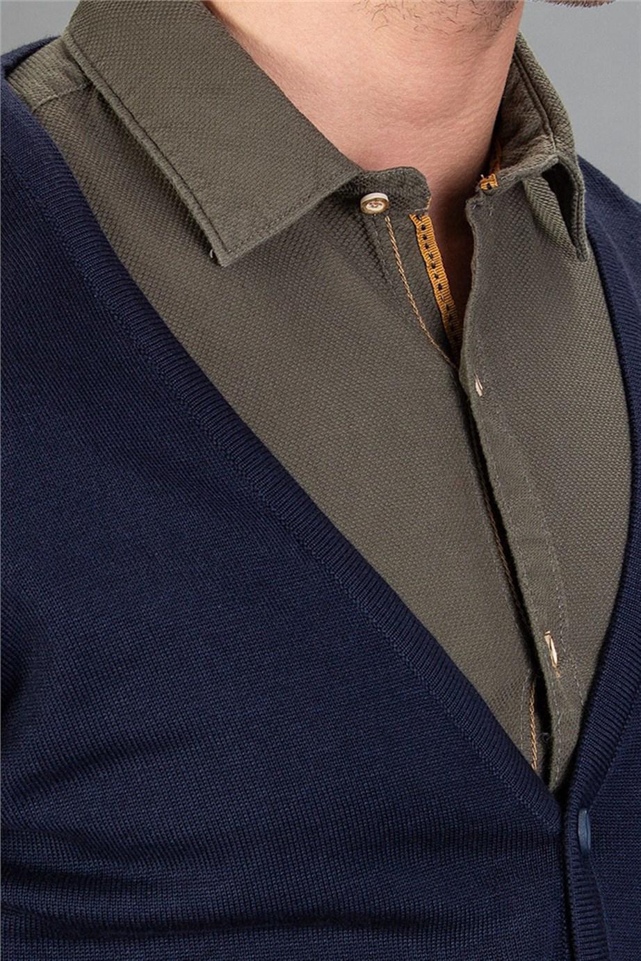 TUDORS Slim Fit Düğmeli Düz Pamuk Erkek Mavi Hırka görsel 3