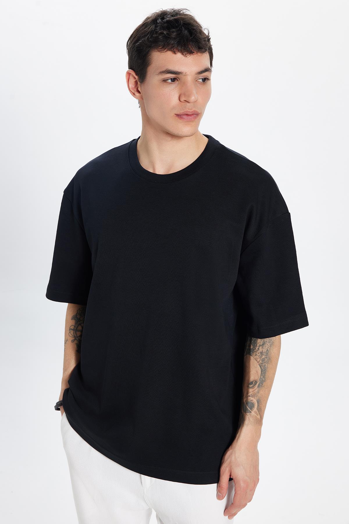 TUDORS Unisex Oversize Geniş Kesim Pamuklu Yumuşak Dokulu Basic Bisiklet Yaka Siyah Tişört görsel 3