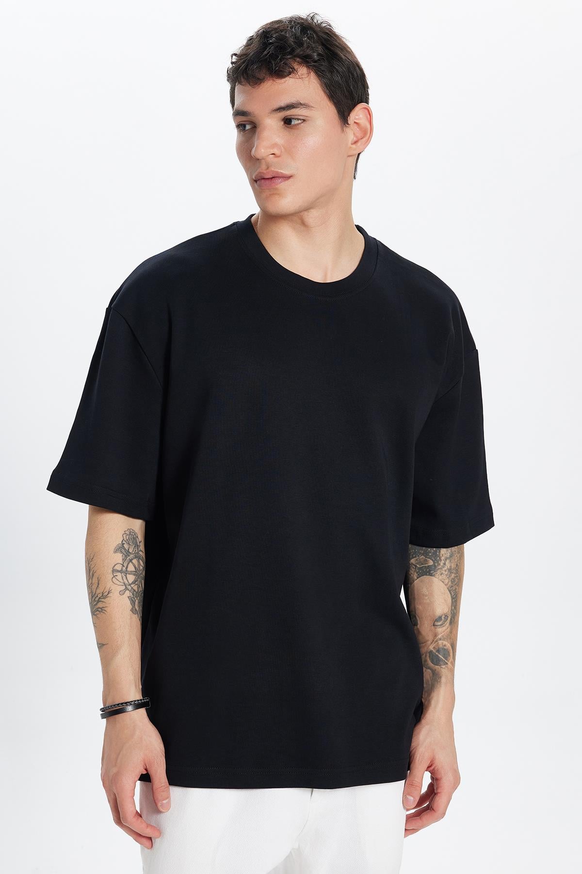TUDORS Unisex Oversize Geniş Kesim Pamuklu Yumuşak Dokulu Basic Bisiklet Yaka Siyah Tişört görsel 5