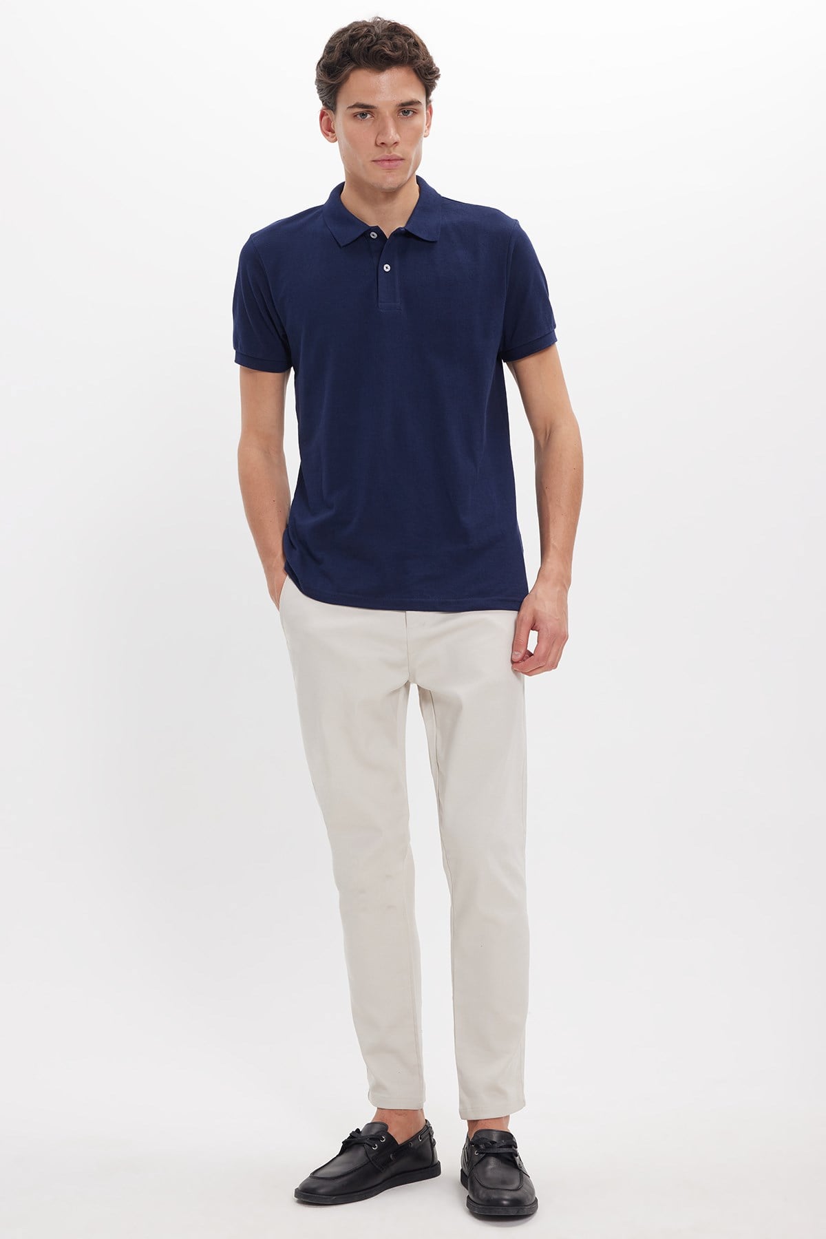 TUDORS Erkek Slim Fit Dar Kesim Pamuklu Yumuşak Dokulu Serin Tutan Kumaş Düz Pike Lacivert Polo Yaka Tişört görsel 2