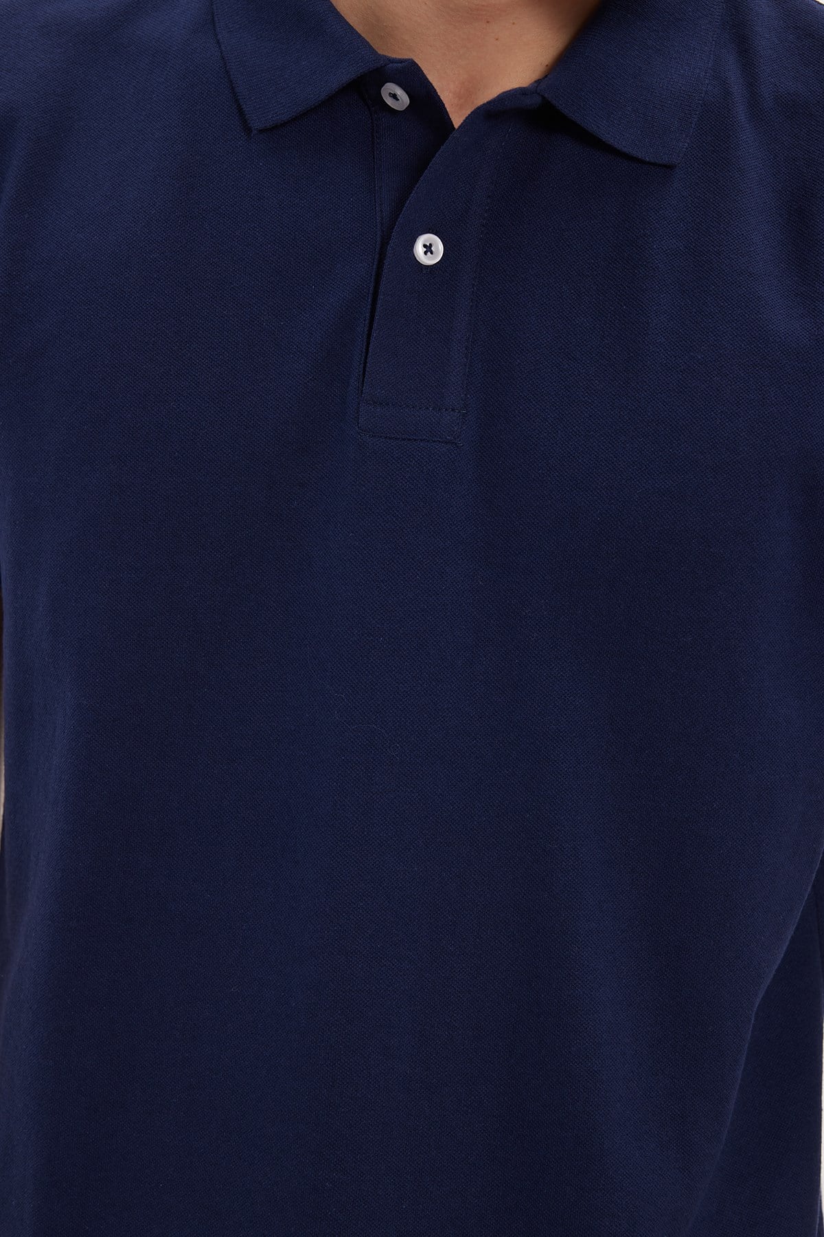 TUDORS Erkek Slim Fit Dar Kesim Pamuklu Yumuşak Dokulu Serin Tutan Kumaş Düz Pike Lacivert Polo Yaka Tişört görsel 6
