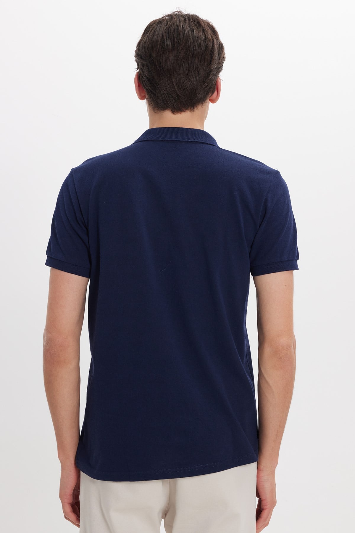 TUDORS Erkek Slim Fit Dar Kesim Pamuklu Yumuşak Dokulu Serin Tutan Kumaş Düz Pike Lacivert Polo Yaka Tişört görsel 7