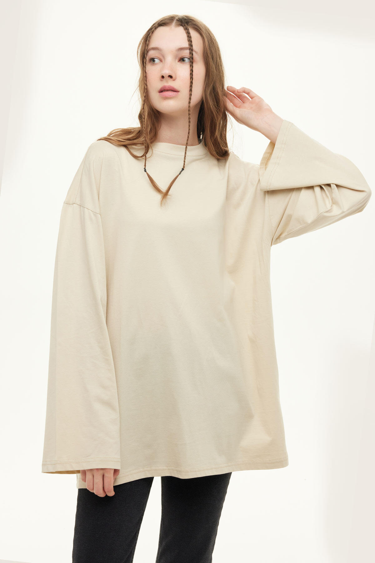 Manuka Geniş Kol Oversize Sweatshirt Bej