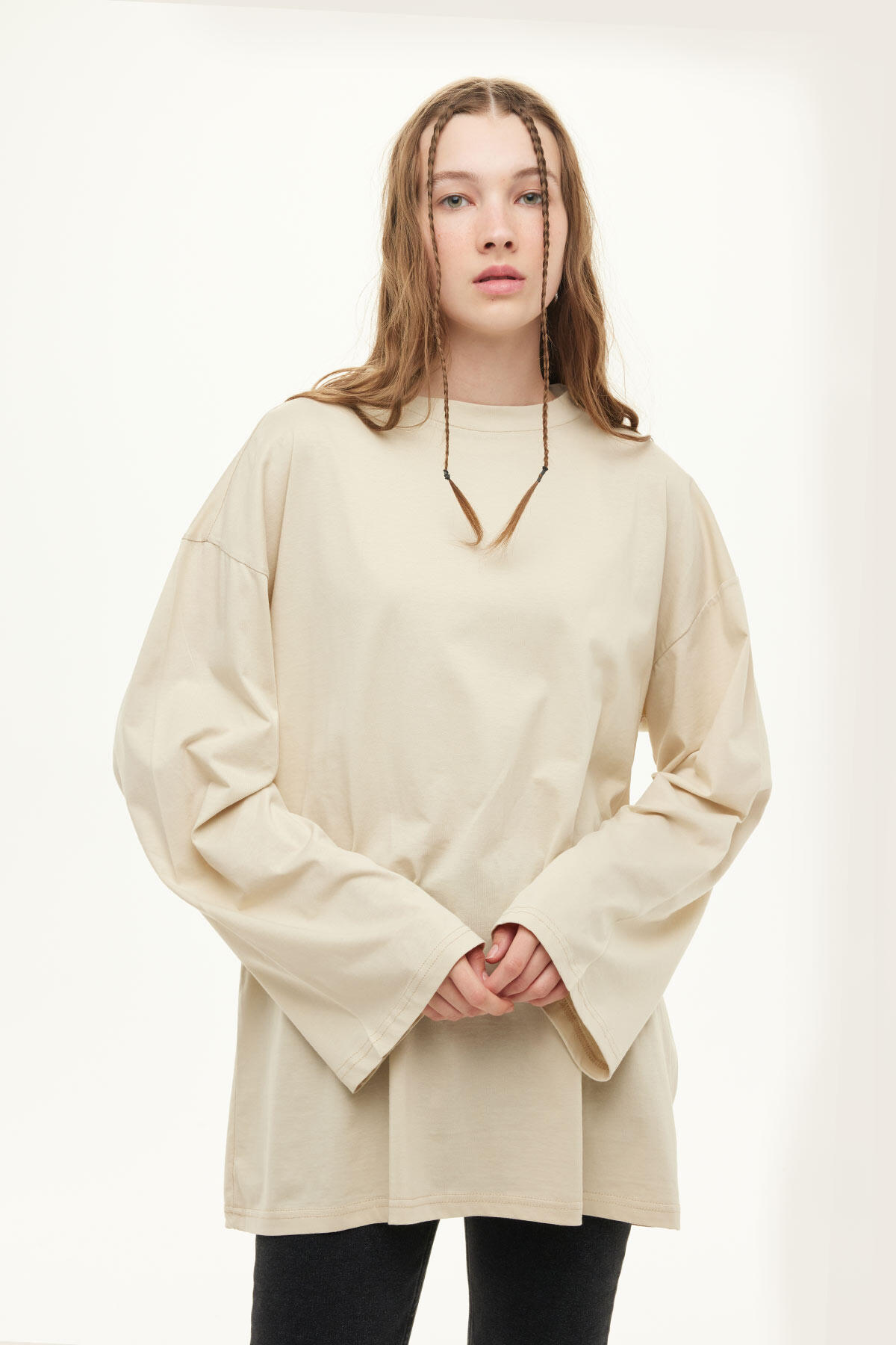 Manuka Geniş Kol Oversize Sweatshirt Bej görsel 3