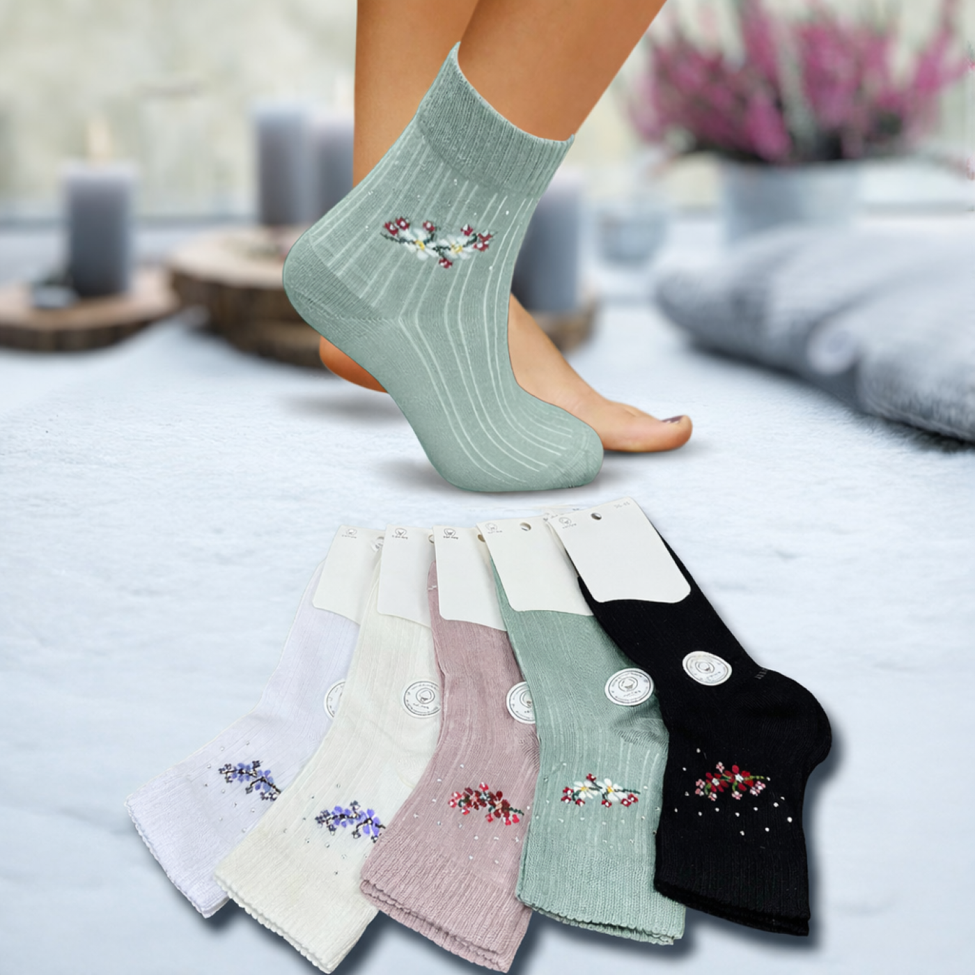Oglo Kadın 12’li Premium Floral Soket Çorap, Taş İşlemeli, Karışık Asorti (12 Çift) görsel 5